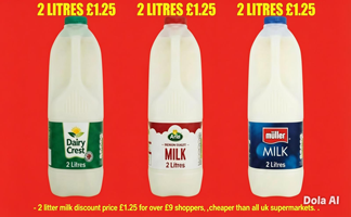 Dairy Crest, Arla, Muller 2 litre milk £1.25